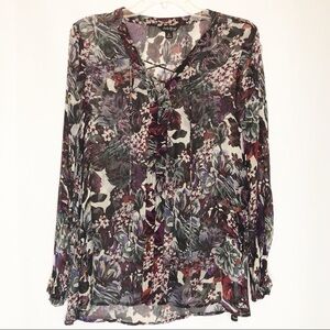 Lucky Brand Dark Floral Sheer Spring Peasant Style Boho Tunic Lace Up Top Medium